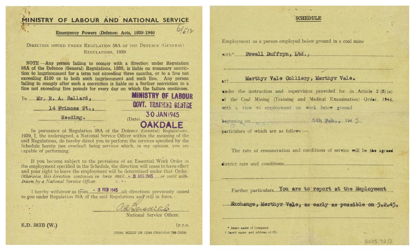 Papers relating to R.A. Ballard&#039;s Bevin Boy Service (front and back)