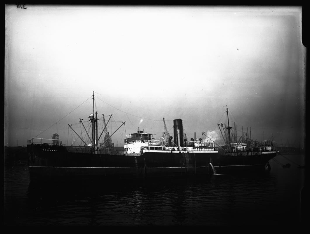 Port broadside view of S.S. IRRAWADDY at Cardiff Docks, c.1936.
