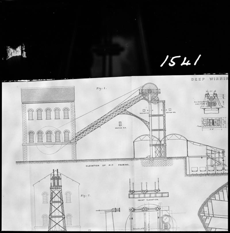 Black and white film negative showing a technical drawing of an &#039;elevation of pit framing&#039;.