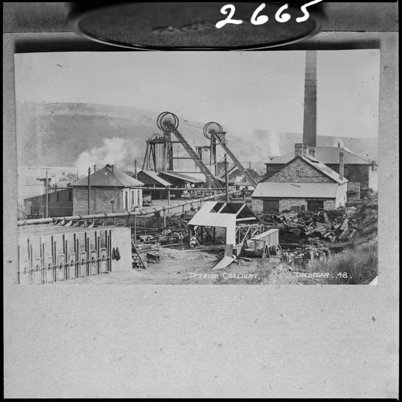 Black and white film negative of a photograph showing a surface view of Ty Trist Colliery, Tredegar.  &#039;Ty Trist Colliery&#039; is transcribed from original negative bag.
