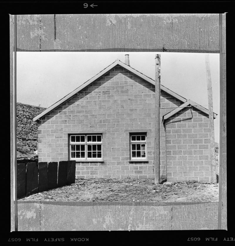 Quarry building constructed using &#039;breeze blocks&#039; containing slate dust or &#039;fullersite&#039;, 1969.



2014.35/44-46 appear on the same strip negative.

Print of this film negative is accessioned as 2014.35/58.