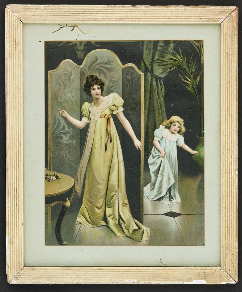 Print of woman in green dress hiding from small girl