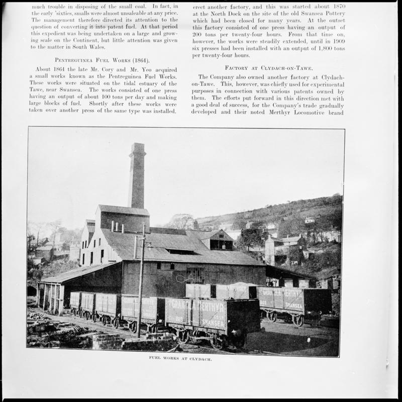 Black and white film negative showing the fuel works at Clydach Merthyr Colliery, photographed from a publication. &#039;Fuel Works Clydach&#039; is transcribed from original negative bag.