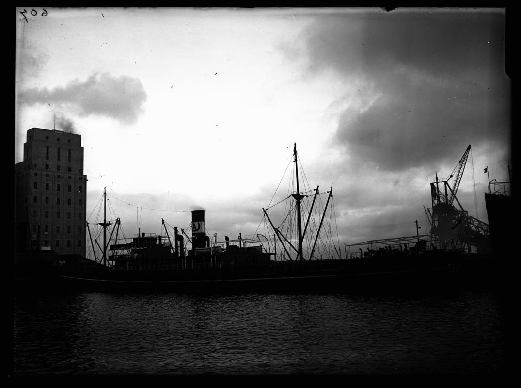 3/4 Port stern view of S.S. ARCGOW,  Cardiff Docks c.1936.
