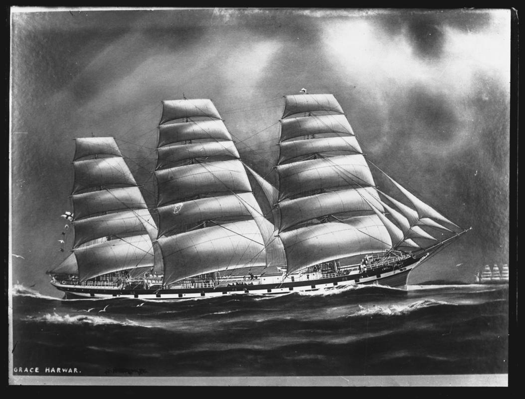 Photograph of a painting showing a starboard broadside view of the three-masted ship GRACE HARWAR.  Title of painting - GRACE HARWAR.
