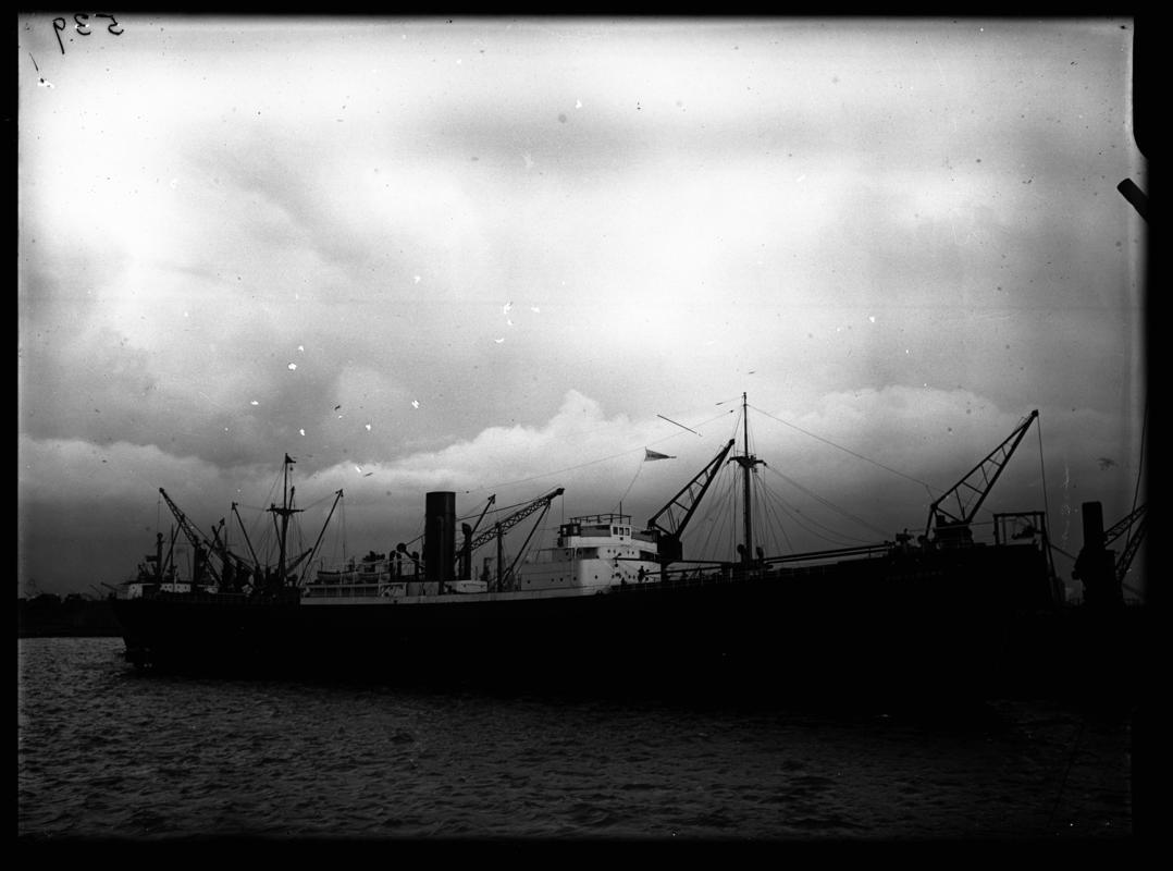 Starboard broadside view of S.S. KINGSBURY at Cardiff Docks, c.1936.