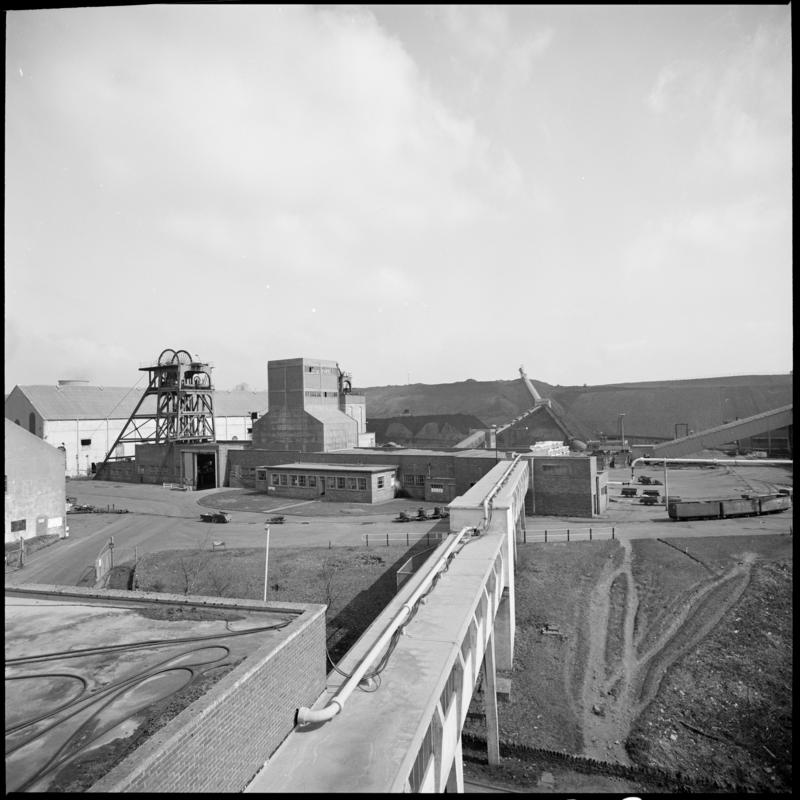 Black and white film negative showing a surface view of Cwm Colliery, April 1981. &#039;Cwm&#039; is transcribed from original negative bag.