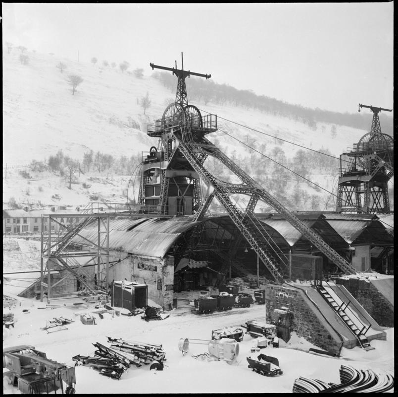 Black and white film negative showing the downcast and upcast headframes, Six Bells Colliery February 1979.  &#039;Six Bells Abertillery Feb 1979&#039; is transcribed from original negative bag.