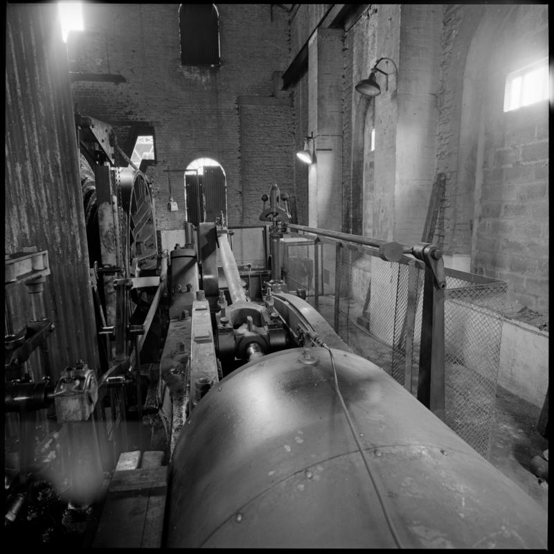 Black and white film negative showing the winding engine on the Trefor shaft, Lewis Merthyr Colliery.  &#039;Lewis Merthyr&#039; is transcribed from original negative bag.