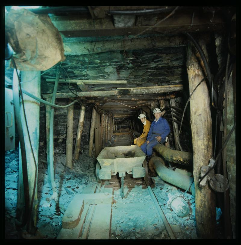 Two men at a timbered underground roadway, Lewis Merthyr Colliery
