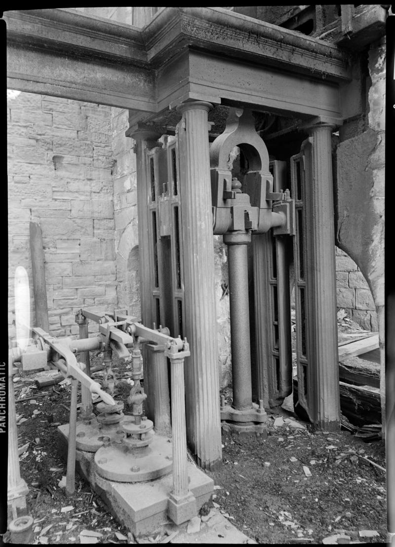 Black and white film negative showing the vertical steam winding engine, Glyn Pits, Pontypool 1965.  &#039;Glyn Pits&#039; is transcribed from original negative bag.  Appears to be identical to 2009.3/752.