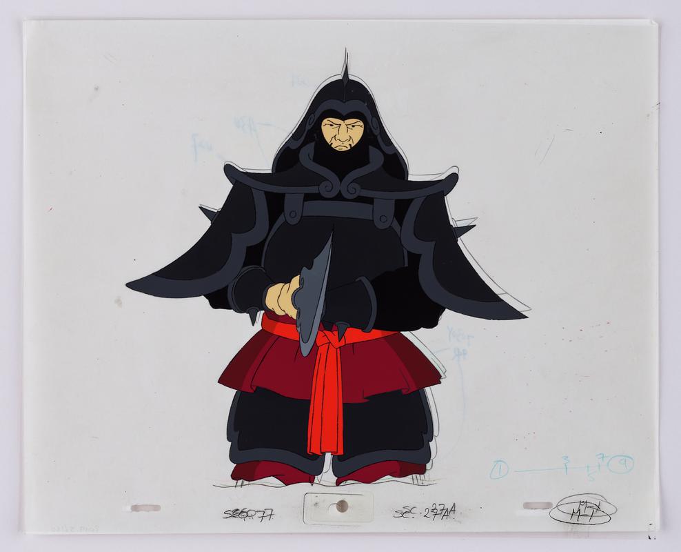Turandot animation production artwork showing the character Guard. Sketch on paper overlaid with cellulose acetate.