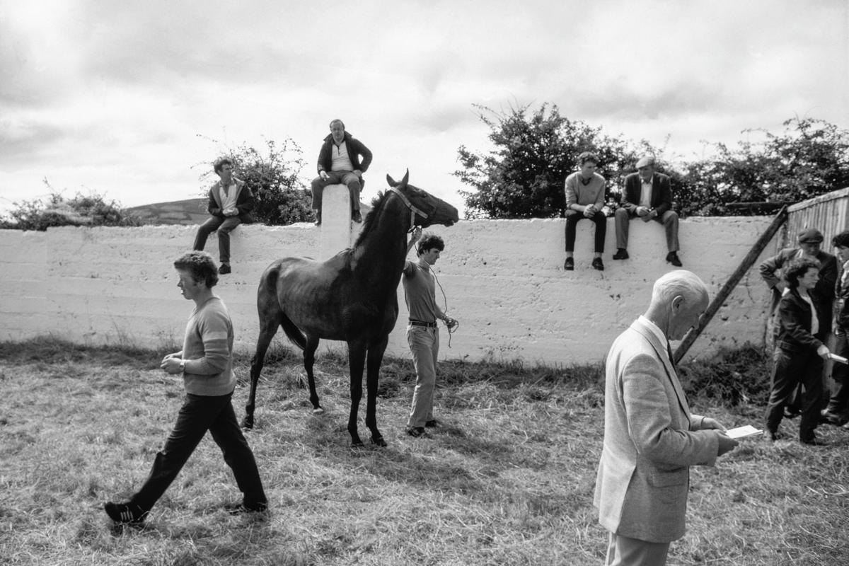 IRELAND. Dingle. Flapper (non thoroughbred half bred) races at one of the smallest tracks in the world. Balliniaggart Race Track. Both male and female jockies. 1984.