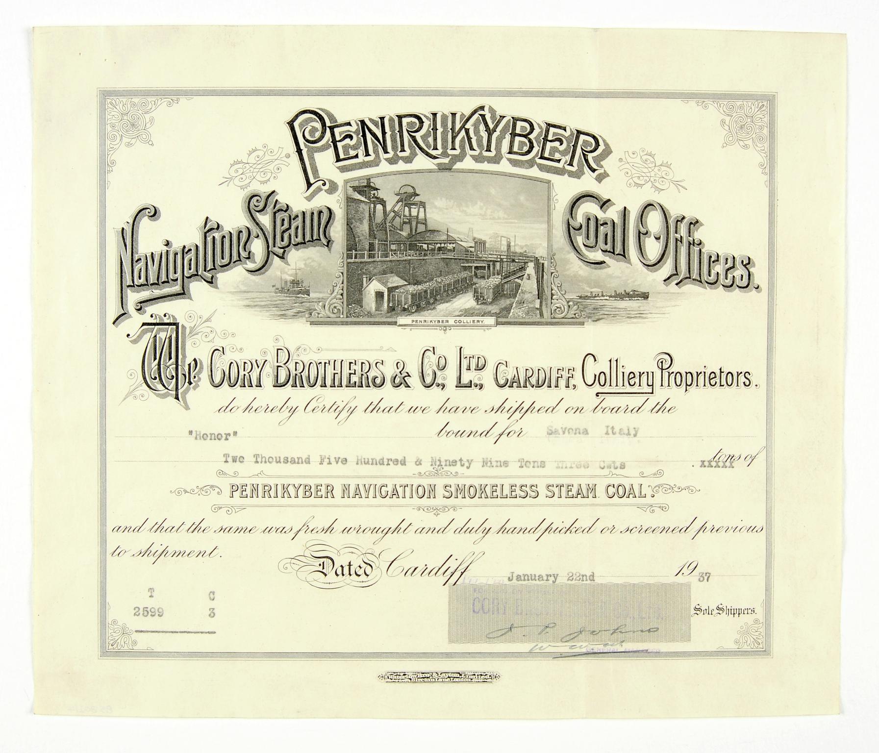 Penrikyber Navigation Smokeless Steam Coal, lading certificate