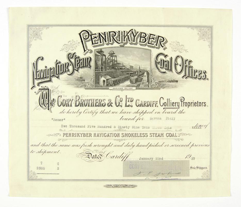 Lading certificate for Penrikyber Navigation Steam Coal Offices, Cory Brothers &amp; Co., Ltd., Cardiff. 2599 tons and 3 cwts shipped on the Honor to Savona Italy. Dated 22nd January 1937.