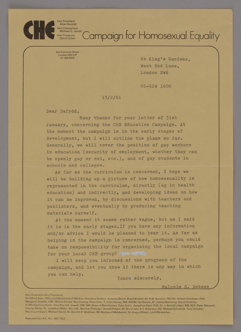 CHE letter, 1981