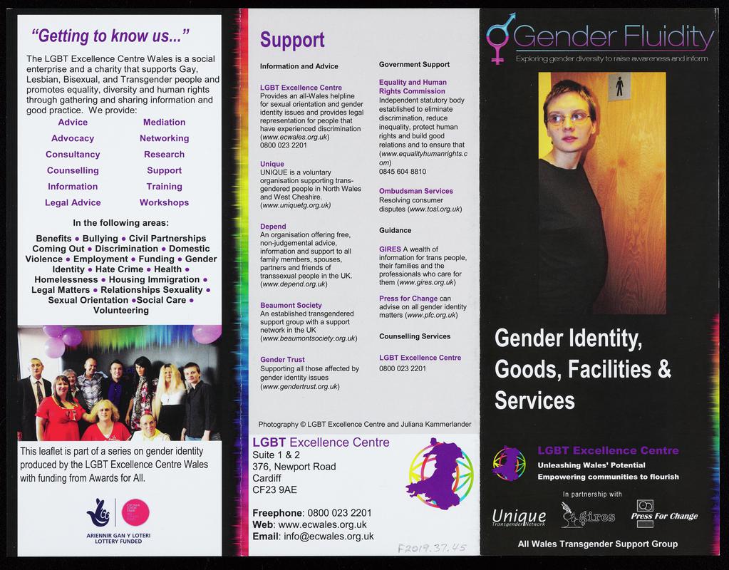 LGBT Excellence Centre leaflet &#039;Gender Fluidity. Gender Identity, Goods, Facilities &amp; Services&#039;.
