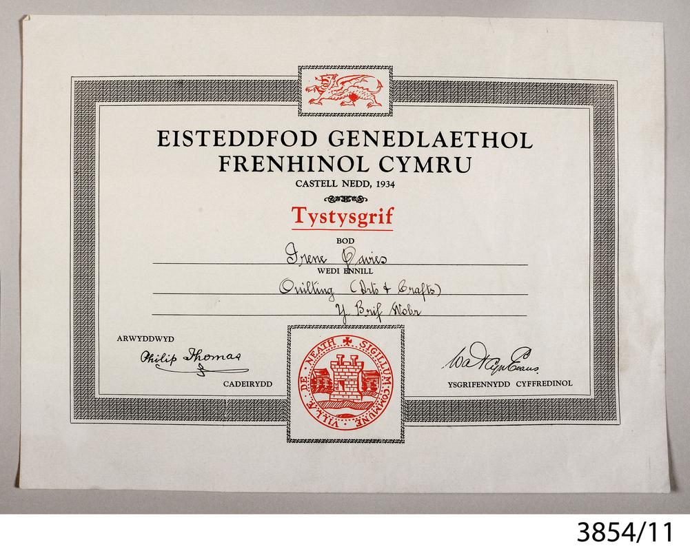 Eisteddfod certificate
