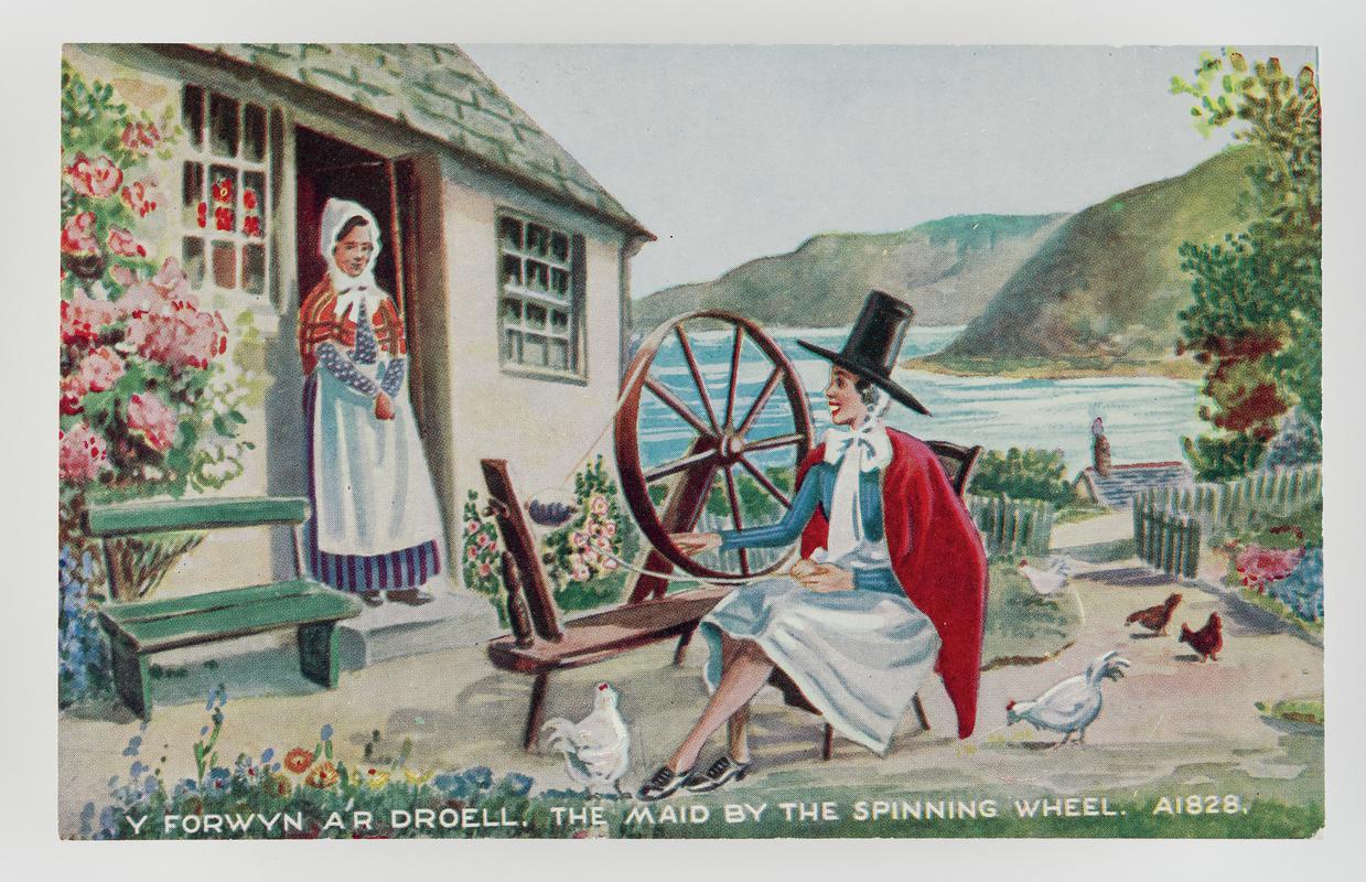 &#039;Y forwyn a&#039;r droell / The maid by the spinning wheel.&#039;   Welsh lady by spinning wheel, another standing in doorway.