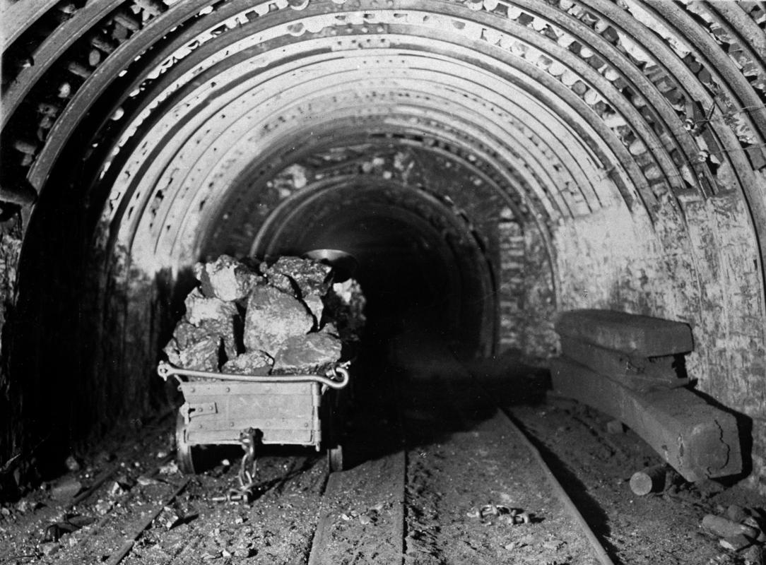 Full coal tram in underground roadway at Dare Colliery, Treorchi.