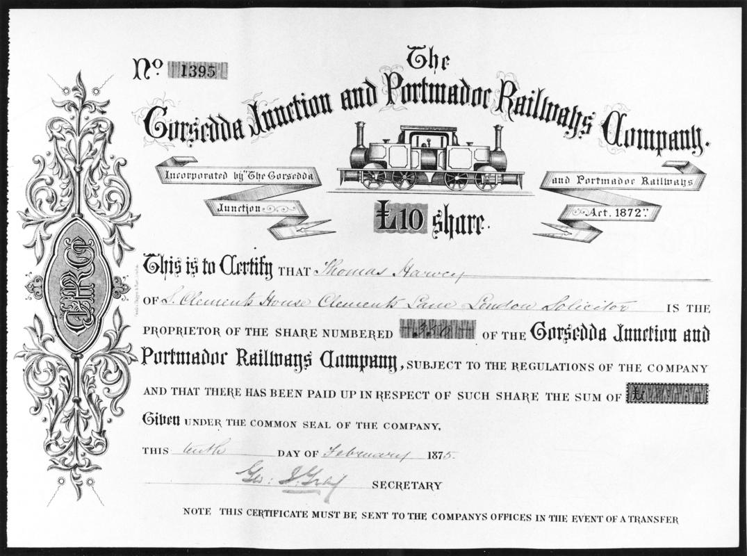 Share certificate for Gorsedda Junction &amp; Porthmadoc Rlys. Co. showing Fairlie loco