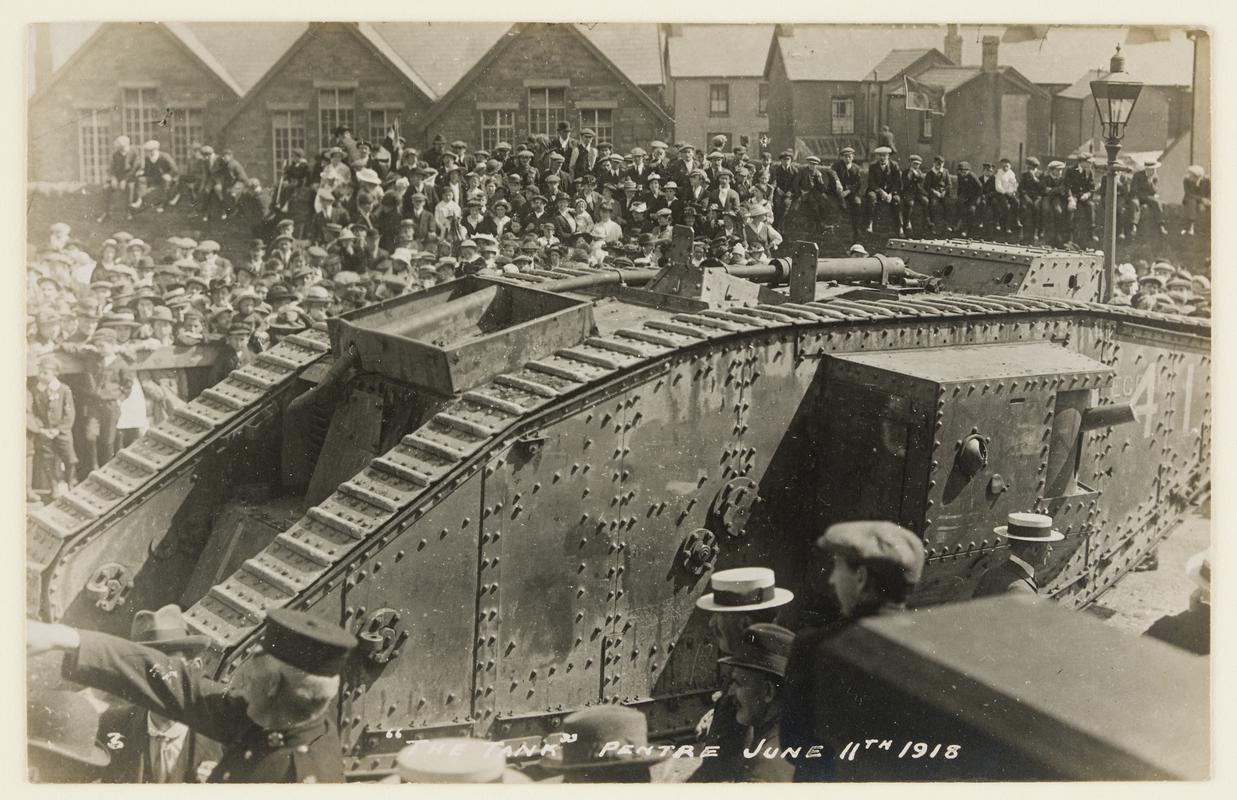 Civilians gathered around &#039;The Tank&#039;, Pentre, 11 June 1918