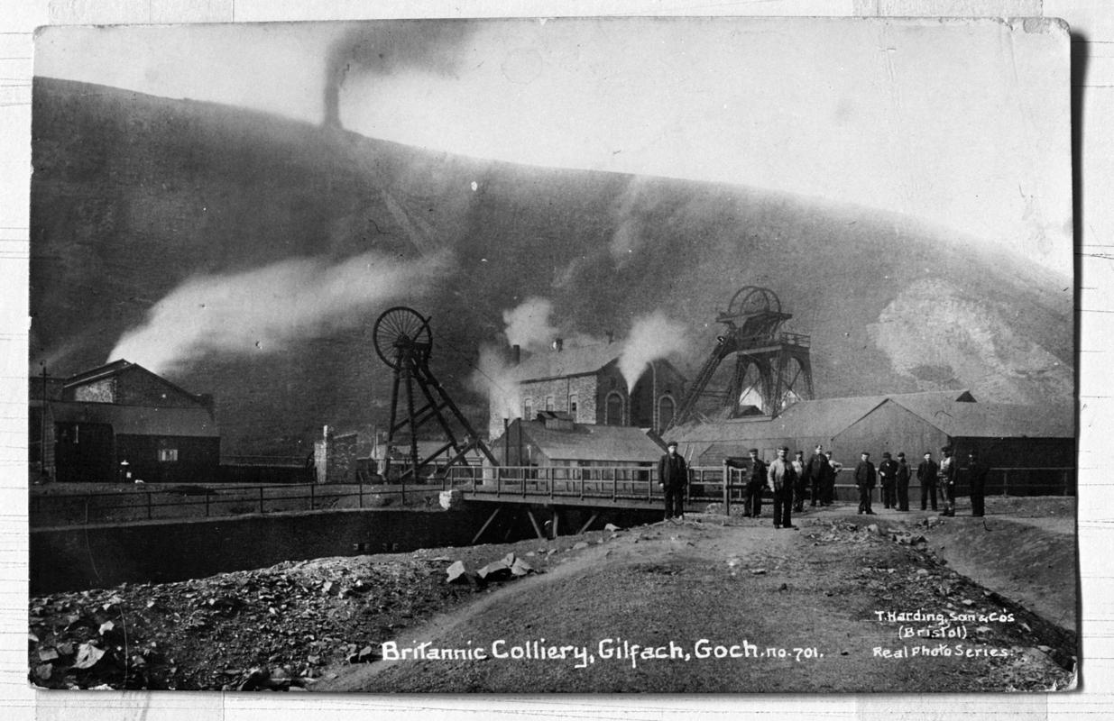 Black and white film negative of a photograph showing a surface view of Britannic Colliery, Gilfach Goch.