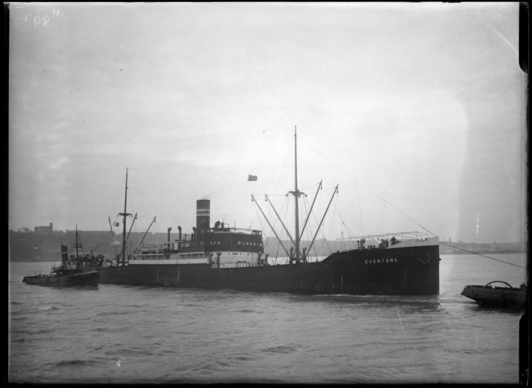 Three quarter Starboard bow view of S.S. EVERTONS and tug, Penarth Head, c.1936.