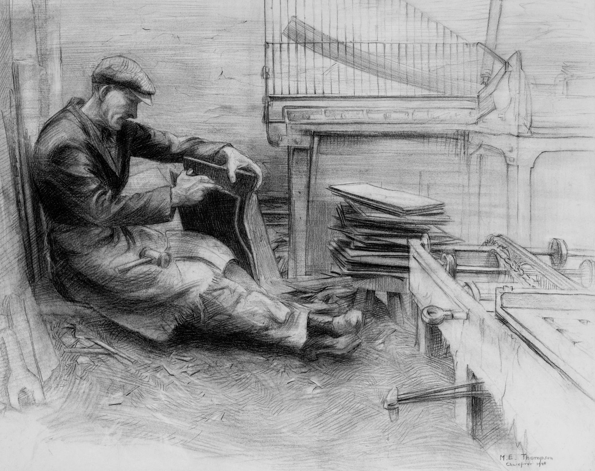 Wil Proudley, Splitting a Block of Slate (drawing)