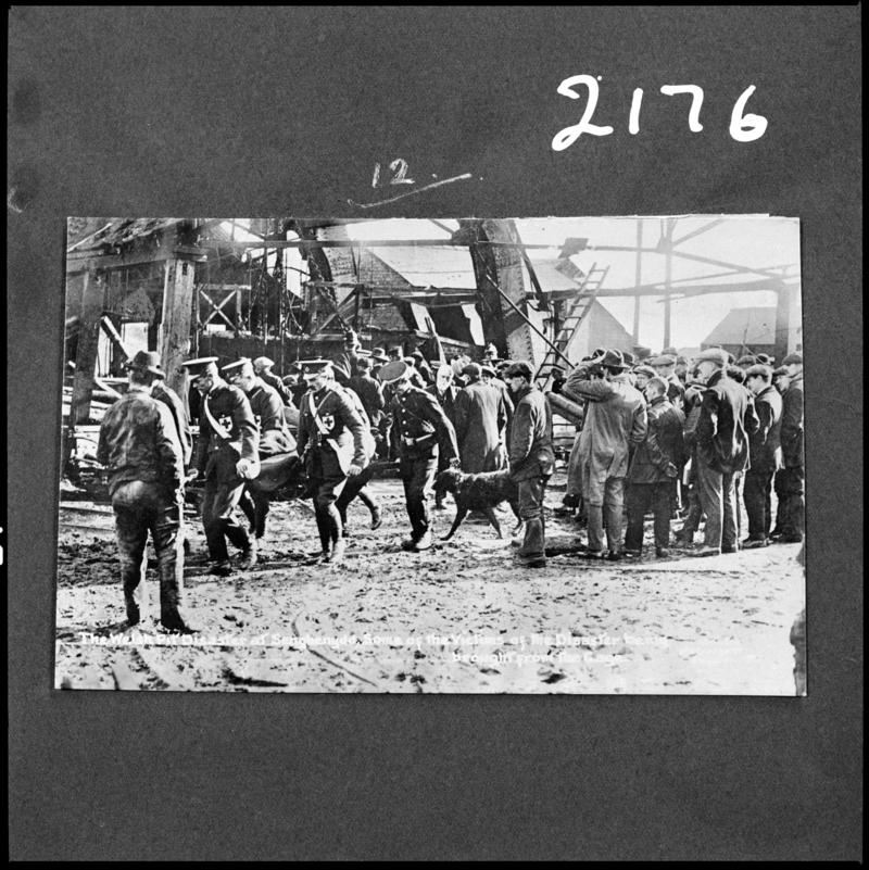 Black and white film negative of a photograph showing the recovery effort at Universal Colliery after the explosion of 14 October 1913.  &#039;Sen 1913&#039; is transcribed from original negative bag.