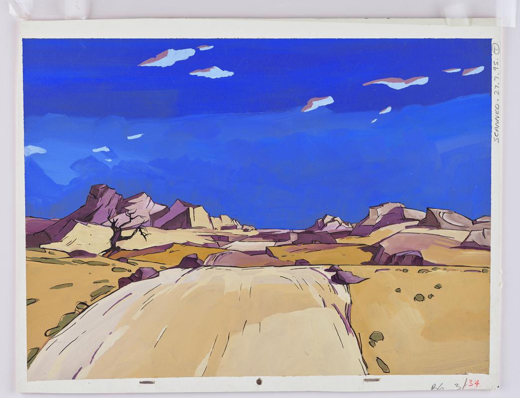 Background animation production artwork from episode Elijah in series &#039;Testament: The Bible in Animation&#039;. Sheet of cellulose acetate covering front.