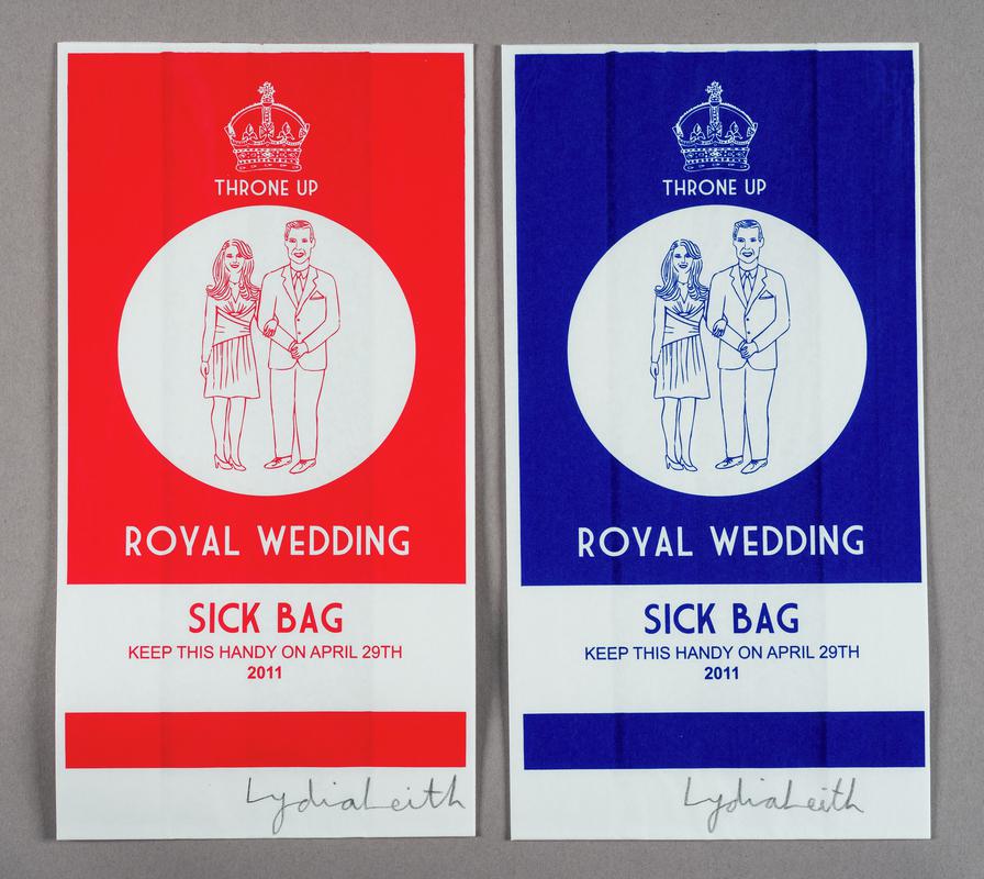 Pair of satirical paper sick bags. Produced in the lead-up to the wedding of Prince William and Kate Middleton on 29 April 2011.