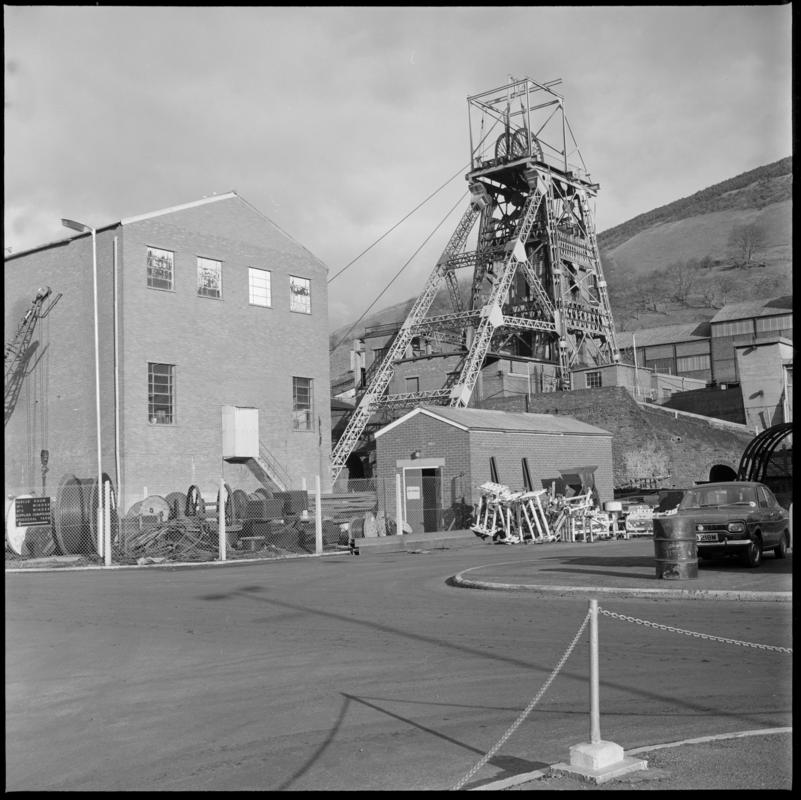 Black and white film negative showing a surface view of Merthyr Vale Colliery, 1976.  &#039;1976&#039; is transcribed from original negative bag.