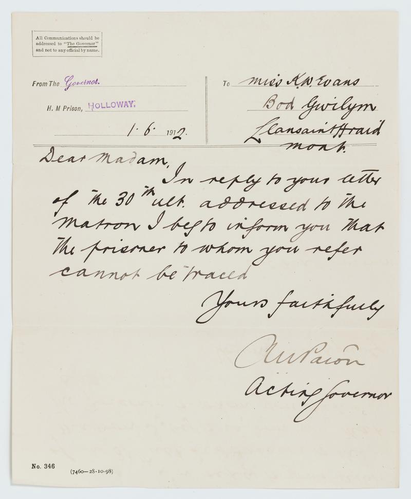 Letter written to Kate Williams Evans by Acting Governor of Holloway Prison, 1st June 1912