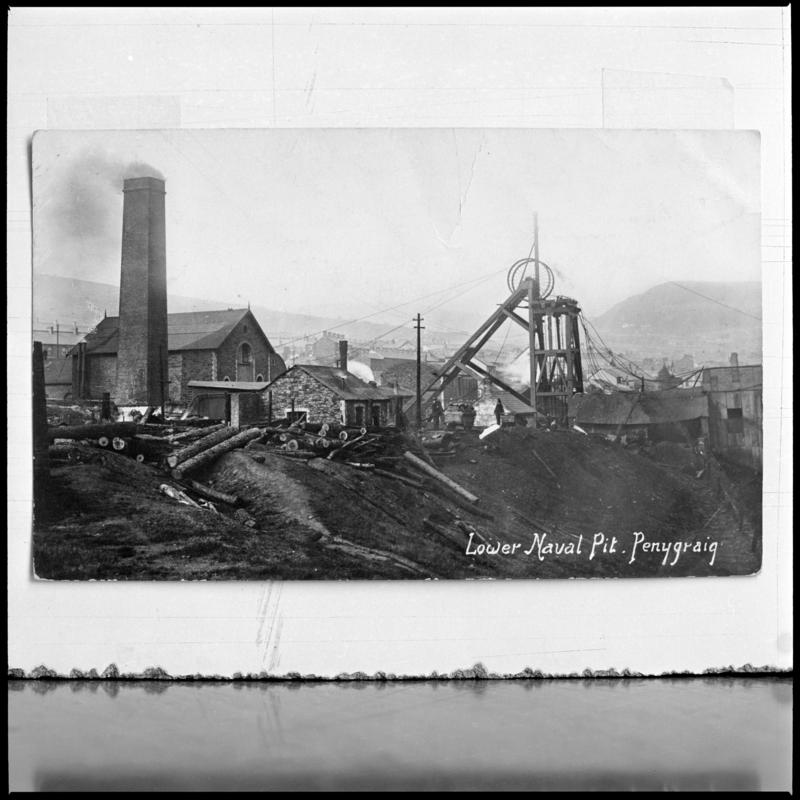 Black and white film negative of a photograph showing a general surface view of Naval Colliery.  &#039;Lower Naval Penygraig&#039; is transcribed from original negative bag.