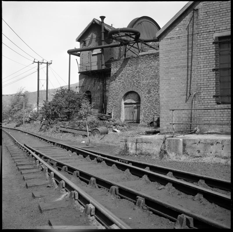 Black and white film negative showing the waddle fan and engine house, Deep Duffryn Colliery 19 May 1977.  &#039;Deep Duffryn 19 May 1977&#039; is transcribed from original negative bag.