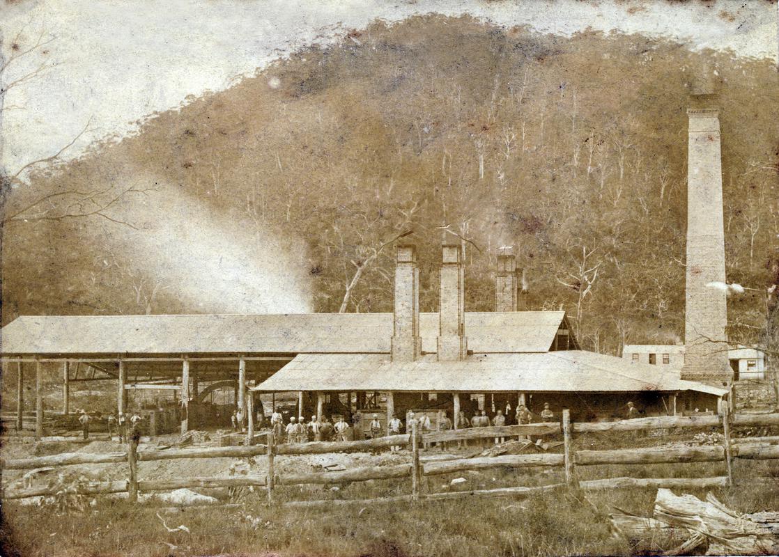 General view of an iron forge in either Pennsylvania or Ohio, U.S.A.