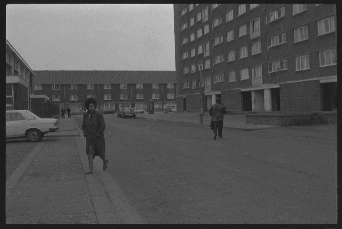 First six stories of flats and entrances, with three storied flats in background at Loudoun Square, Butetown.