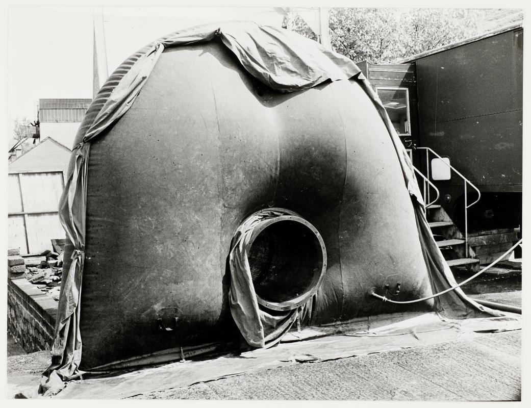 Emergency inflatable &#039;stopping&#039; for blocking roadways underground. Experimental item developed by Malcolm Davies (Superintendent) and Barry Hall (Assistant Superintendent) at Dinas Mines Rescue Station.