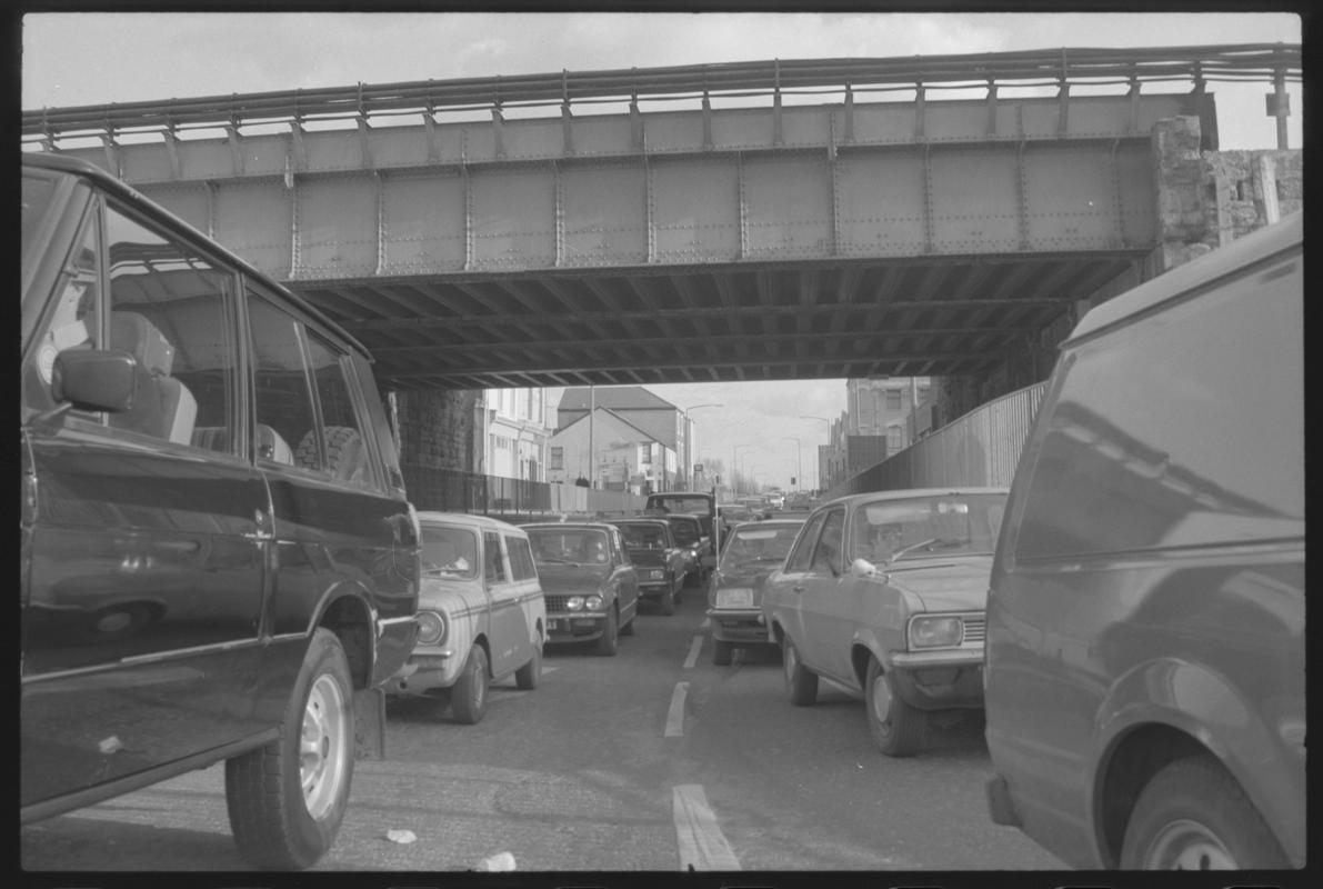 Main line railway bridge crossing top of Bute Street.