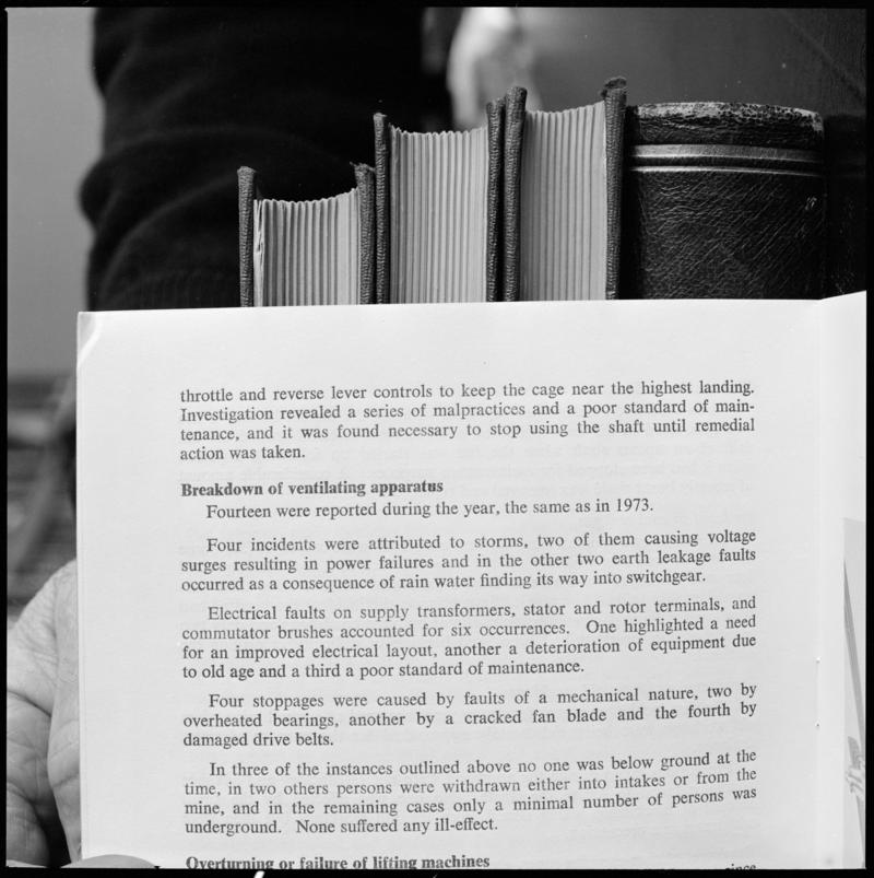 Black and white film negative showing text discussing the &#039;breakdown of ventilation&#039;, photographed from a publication.