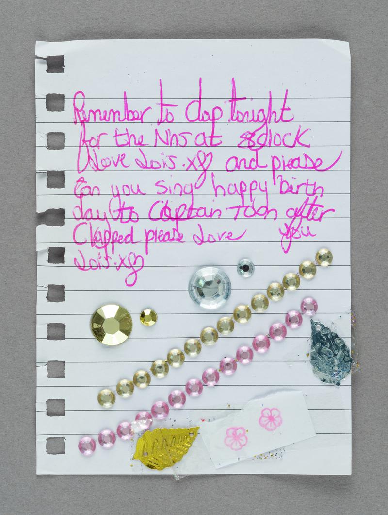 Decorated note. With sequins and a gold leaf
