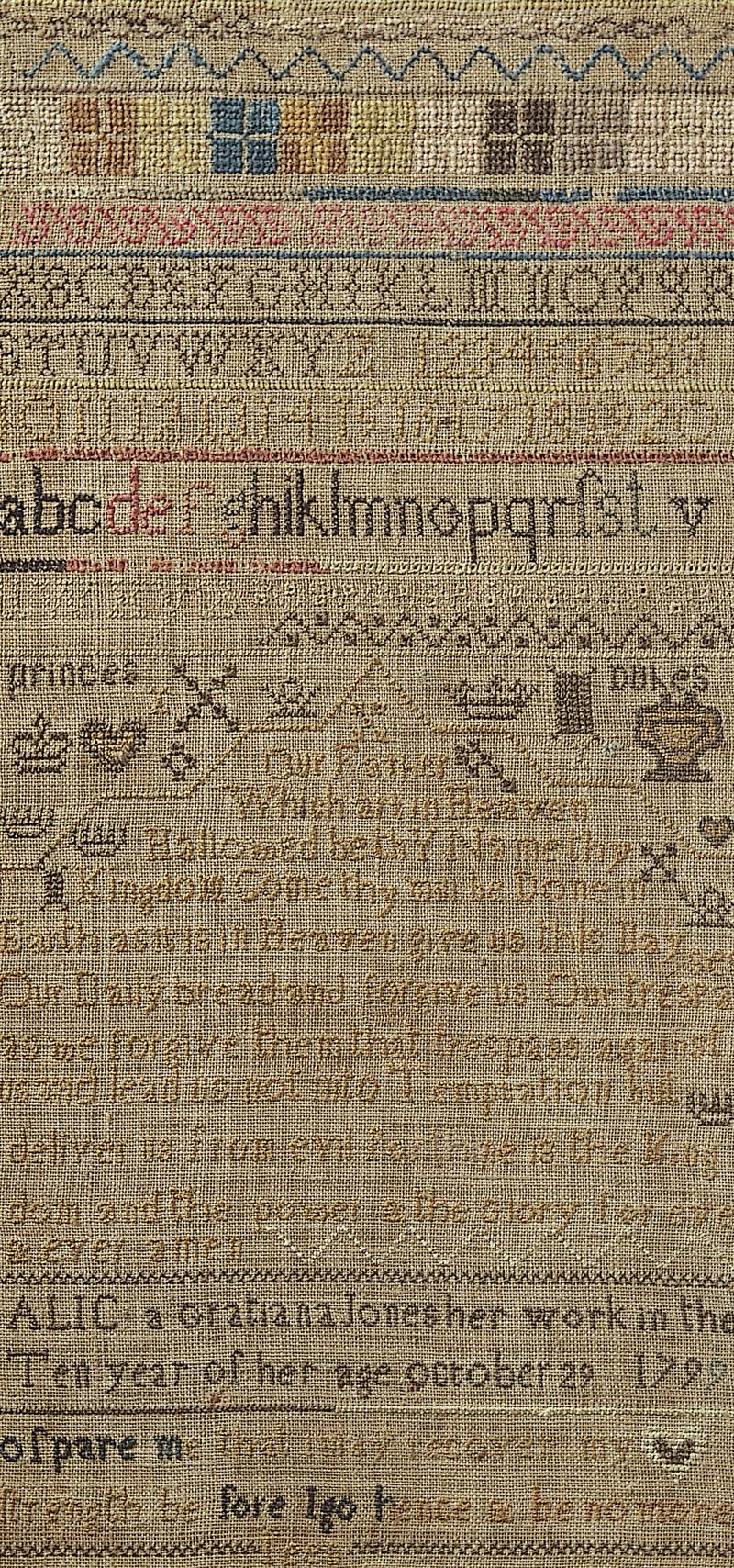 Sampler (alphabet, motifs &amp; Biblical verse), made in Aberaeron, 1799