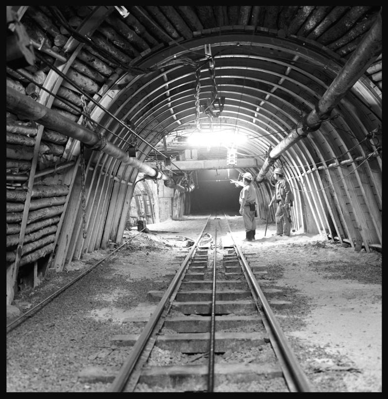 Black and white film negative showing an underground roadway, Merthyr Vale Colliery, 2 July 1981.