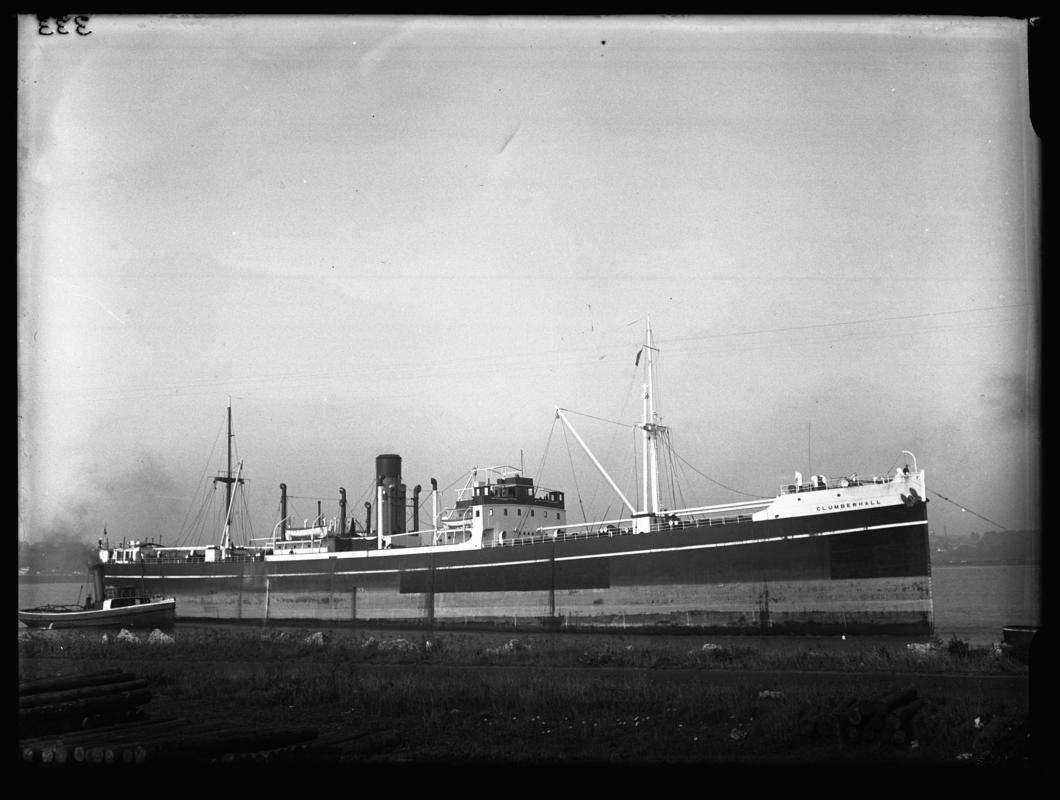 Starboard broadside view of S.S. CLUMBERHALL and tug, c.1936.