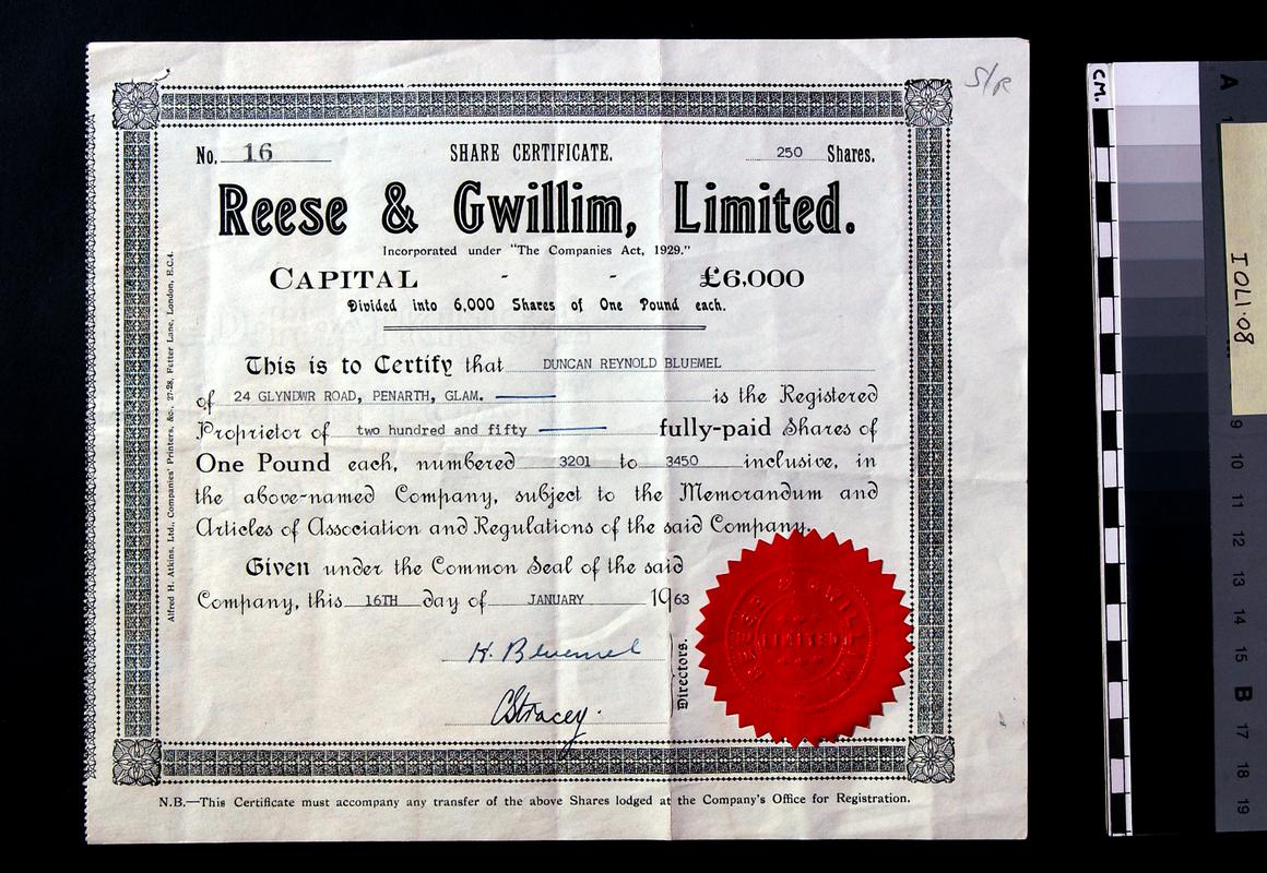 Reese &amp; Gwillim Limited, share certificate