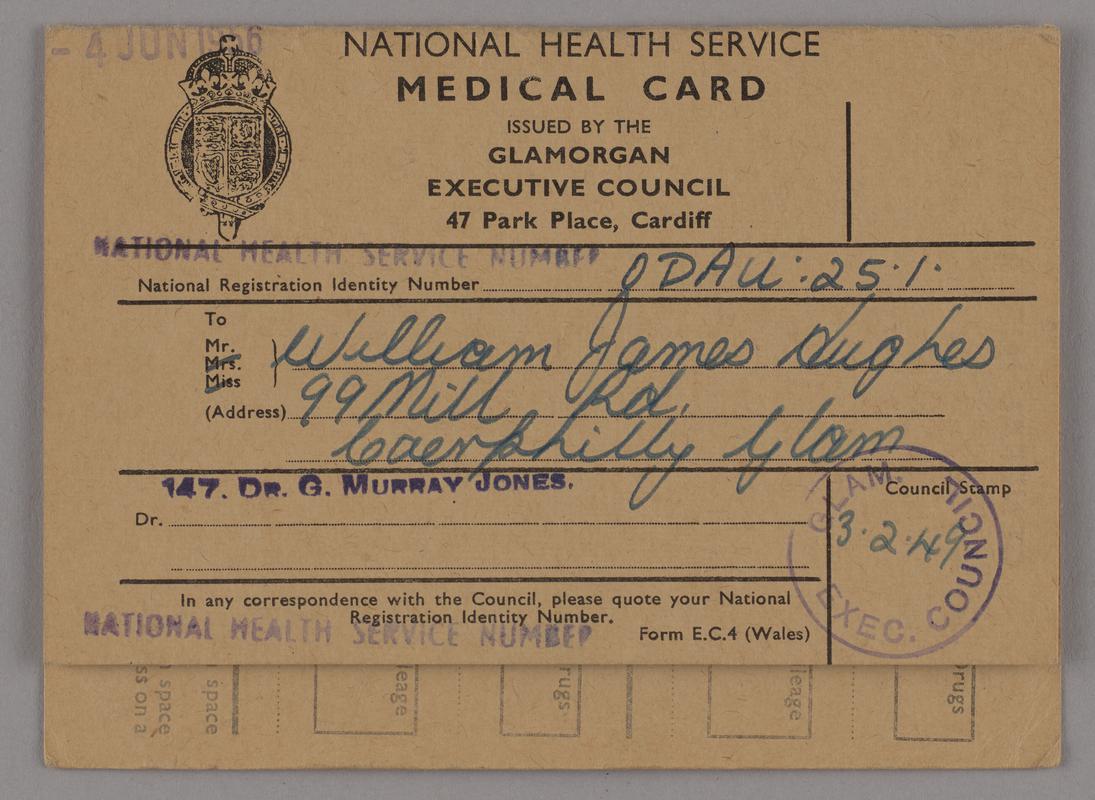 National Health Service Medical Card, stamped 3 February 1949