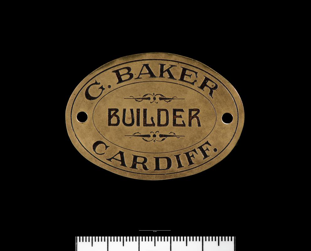 Oval maker&#039;s plate for G. Baker, Boatbuilders, Cardiff.