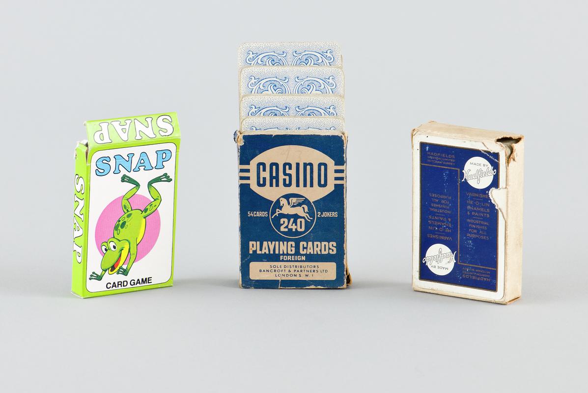 Three  sets of playing cards &#039;Snap&#039;, &#039;Casino&#039; brand and &#039;Compliments of Hatfields&#039;,    playing cards in original card boxes. (Front view)