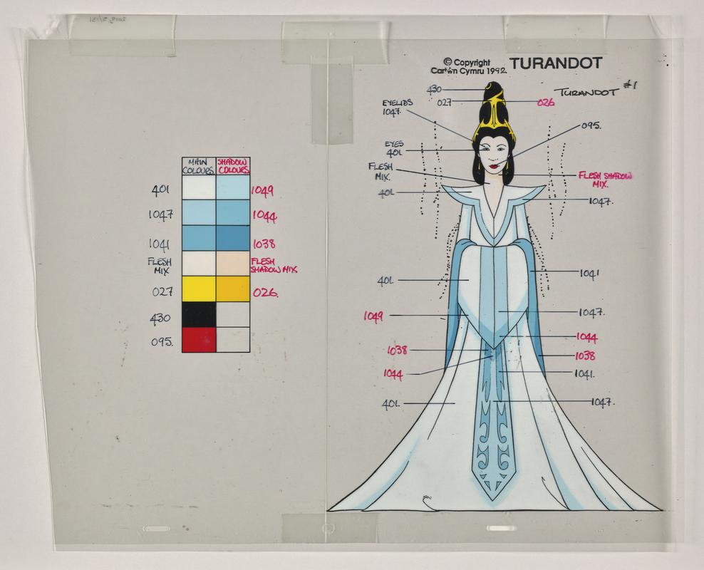 Turandot animation production artwork showing the character Turandot and a colour chart. Two sheets of cellulose acetate.